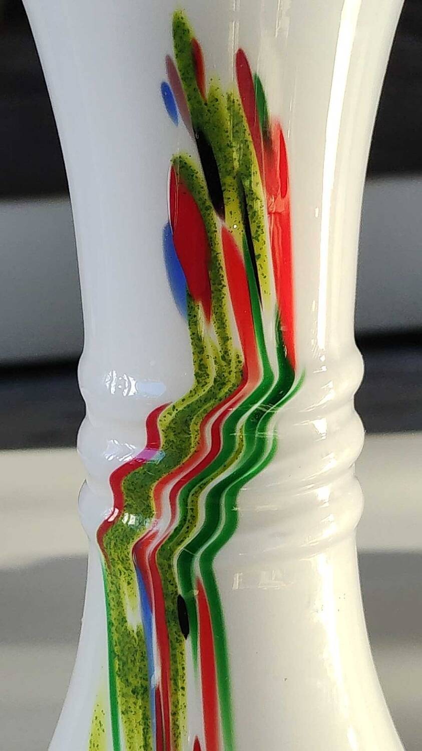 Blown Murano/White Opaline Art glass vase, polychrome smoke scroll inclusions. 28.5 x 14 cm