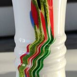 Blown Murano/White Opaline Art glass vase, polychrome smoke scroll inclusions. 28.5 x 14 cm
