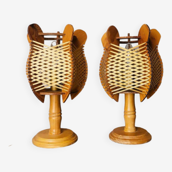 Pair Portuguese mid century wooden  table lamps