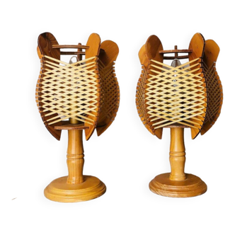 Pair Portuguese mid century wooden  table lamps