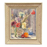 Original Swedish Oil On Panel – “Flowers” By Göte Hennix – östersund, Jämtland – Vintage & Framed 47.5 × 53 Cm (18.7" × 20.9")