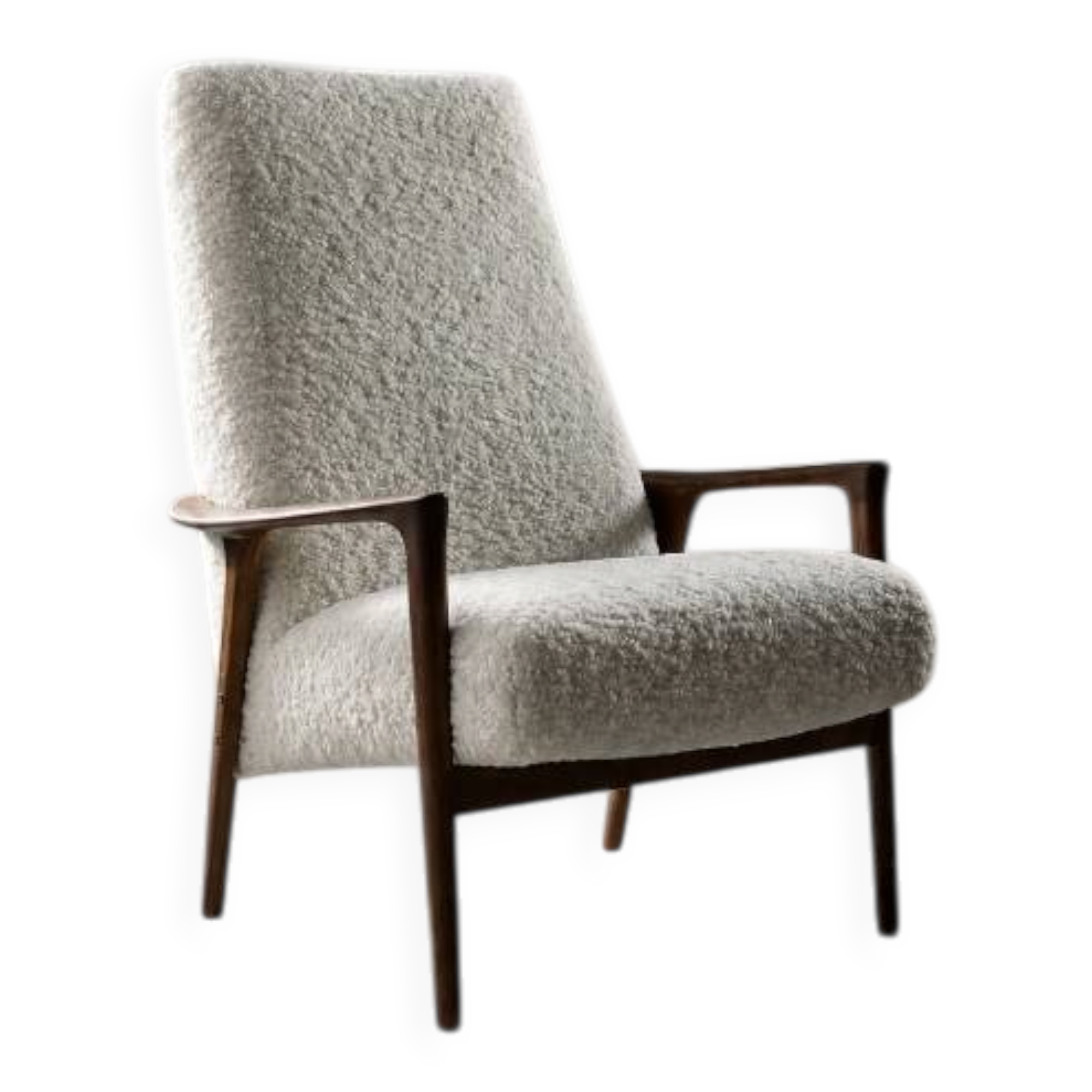 Vintage Mid-Century Scandinavian Modern White Boucle &Teak High Armchair