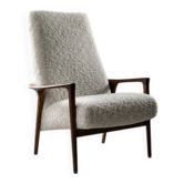 Fauteuil haut vintage scandinave moderne en boucle blanche et teck des années 50