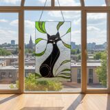 Vitrail chat – Style Tiffany fait main, panneau décoratif mural