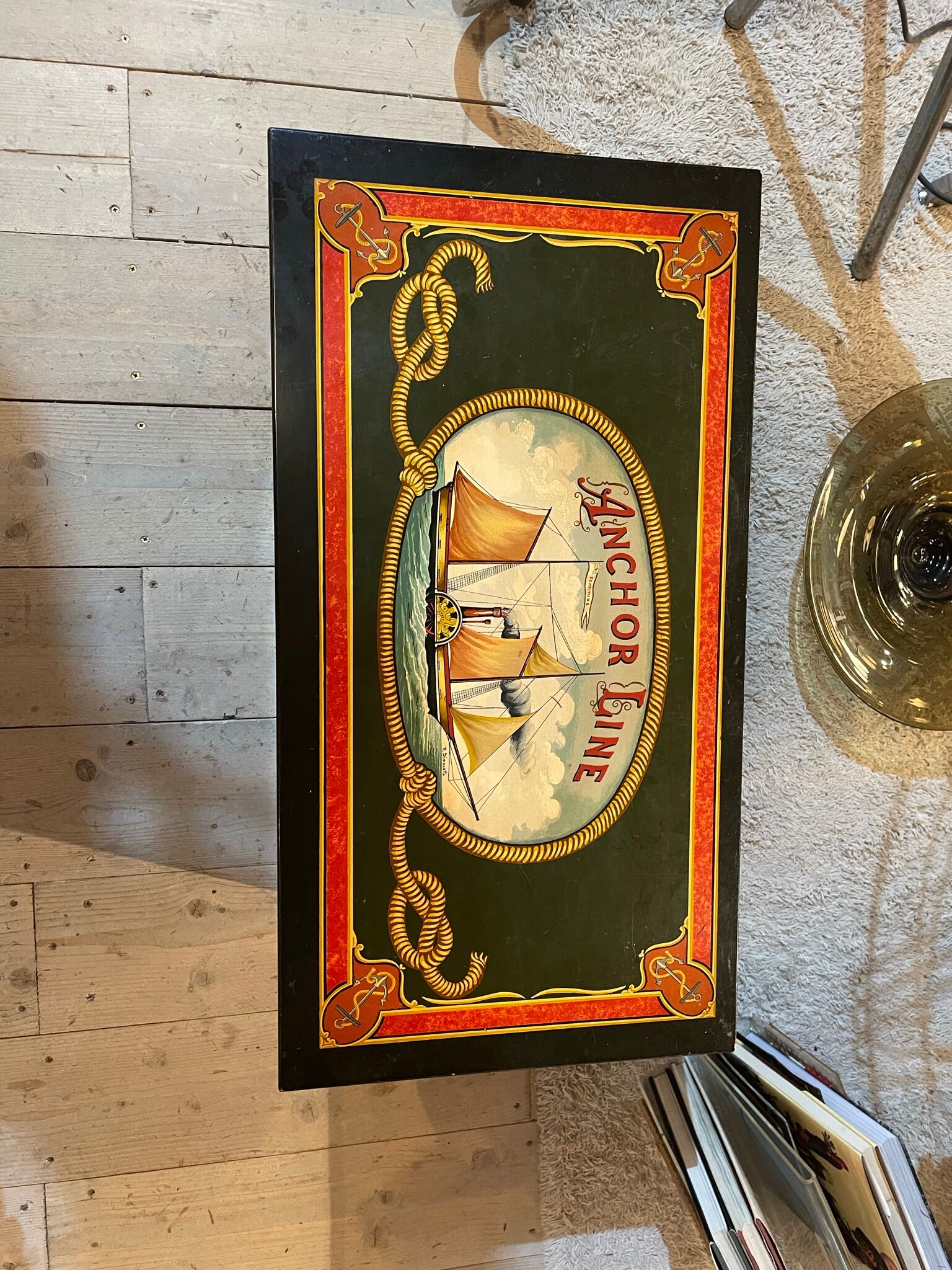 Anchor line painted wooden chest