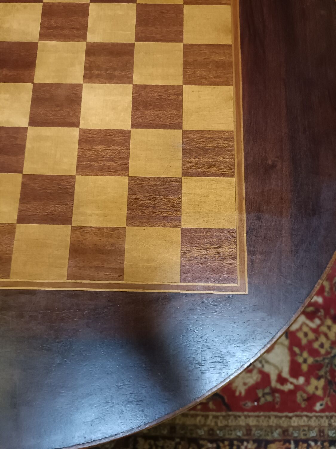 Pedestal table chessboard inlaid old pegs and staples