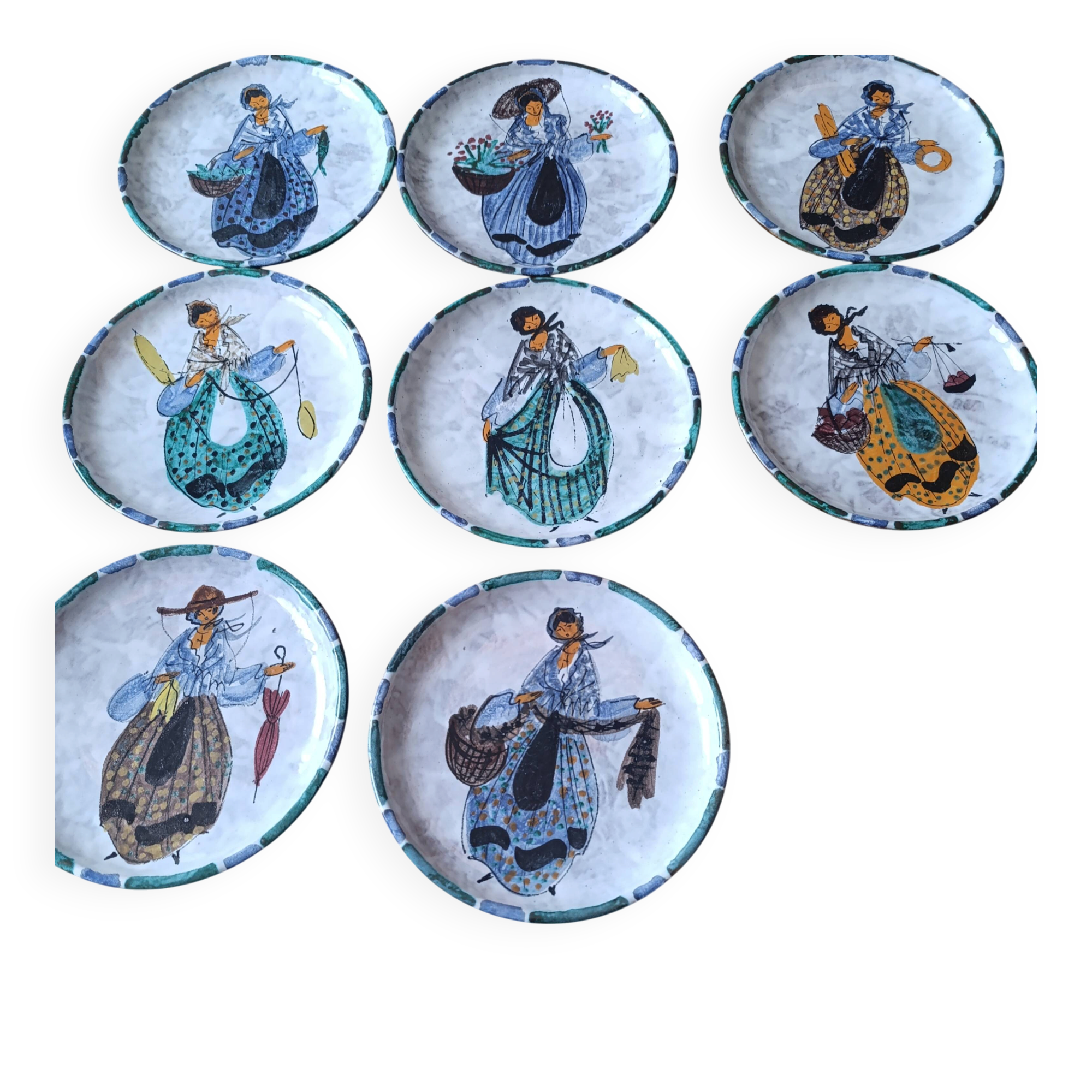 Rare set of 9 vintage plates – Hand-painted ceramic – Black back