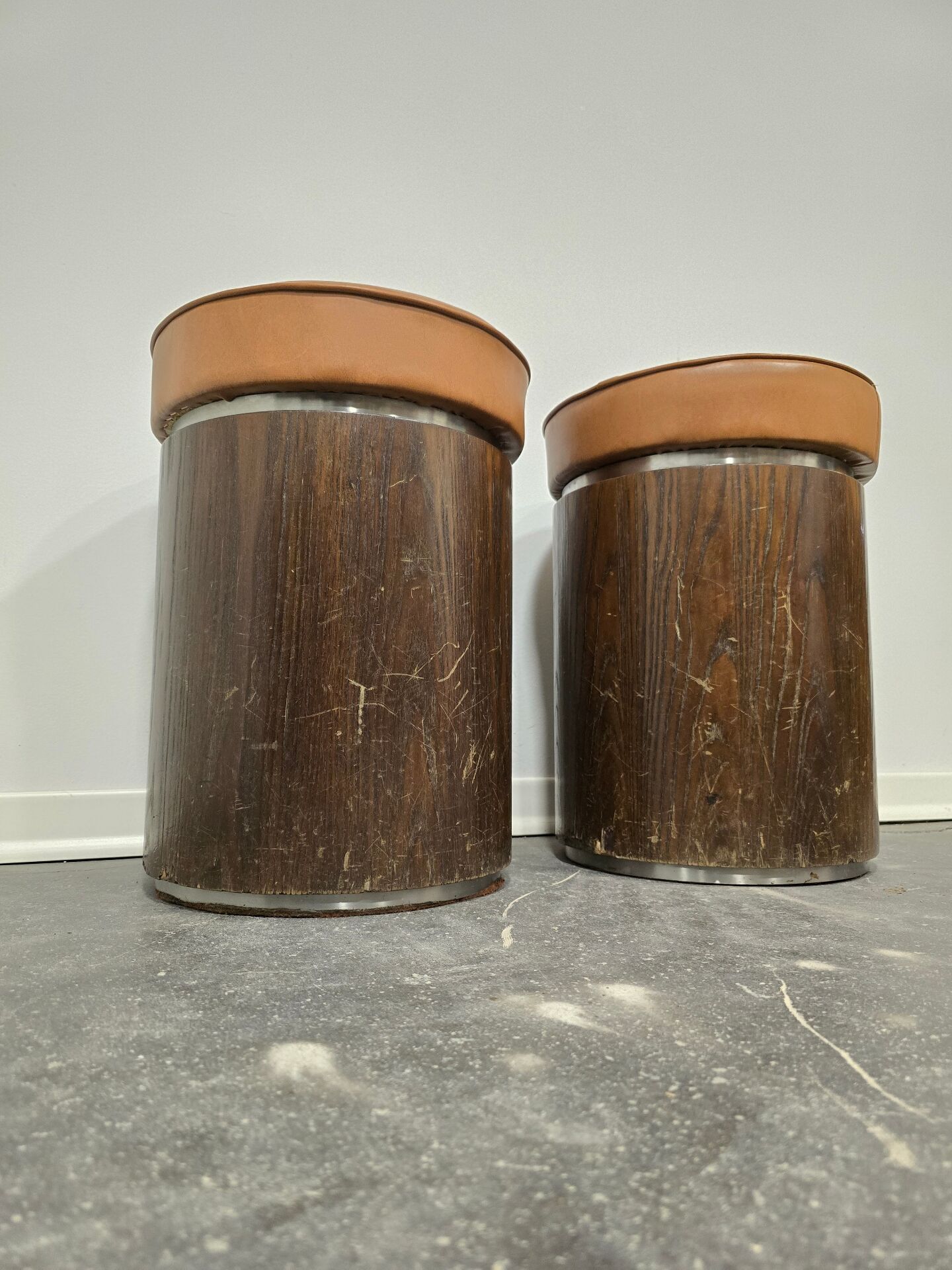 1970s Vintage Wooden Stool – Faux Leather Cushion & Aluminium Trim