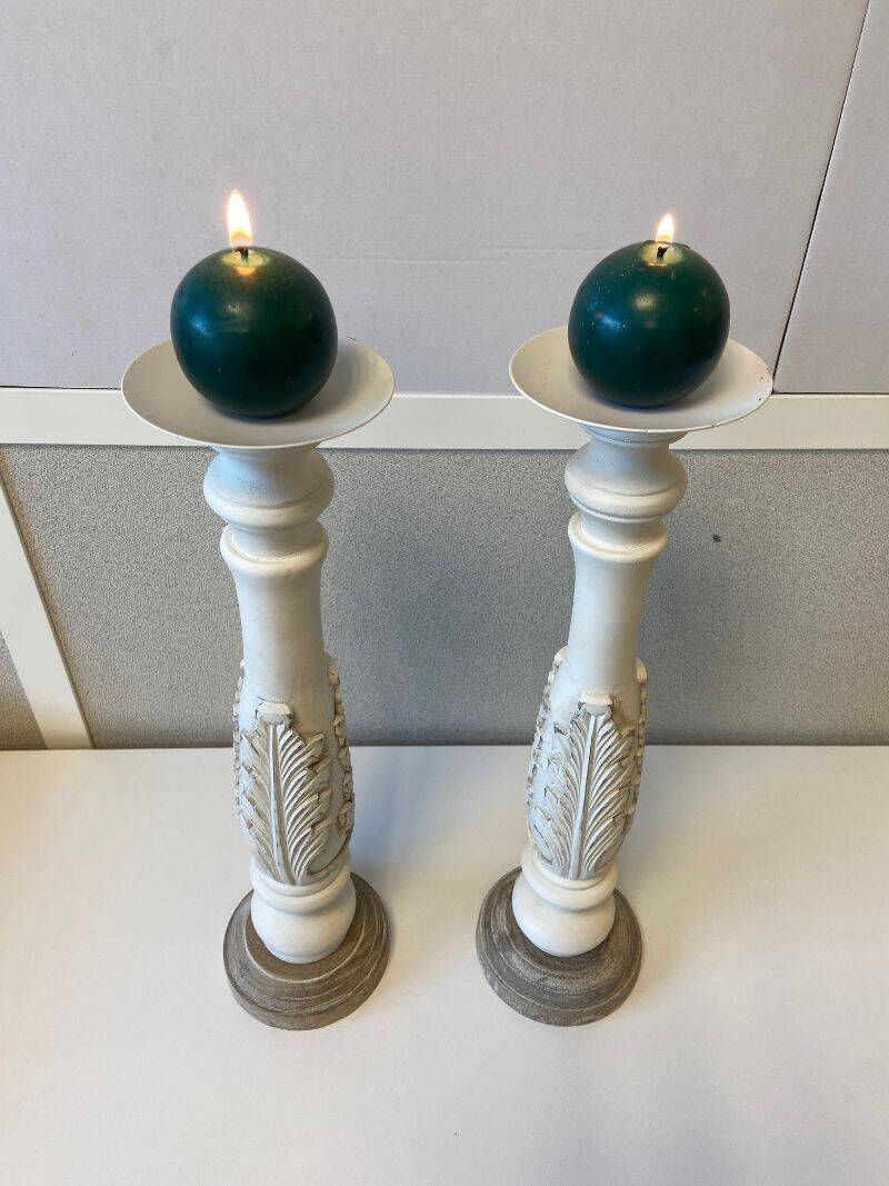 Pair of Candlesticks Candlesticks Turned Wood Carved Bleached Deco Art