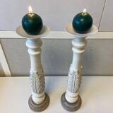 Pair of Candlesticks Candlesticks Turned Wood Carved Bleached Deco Art