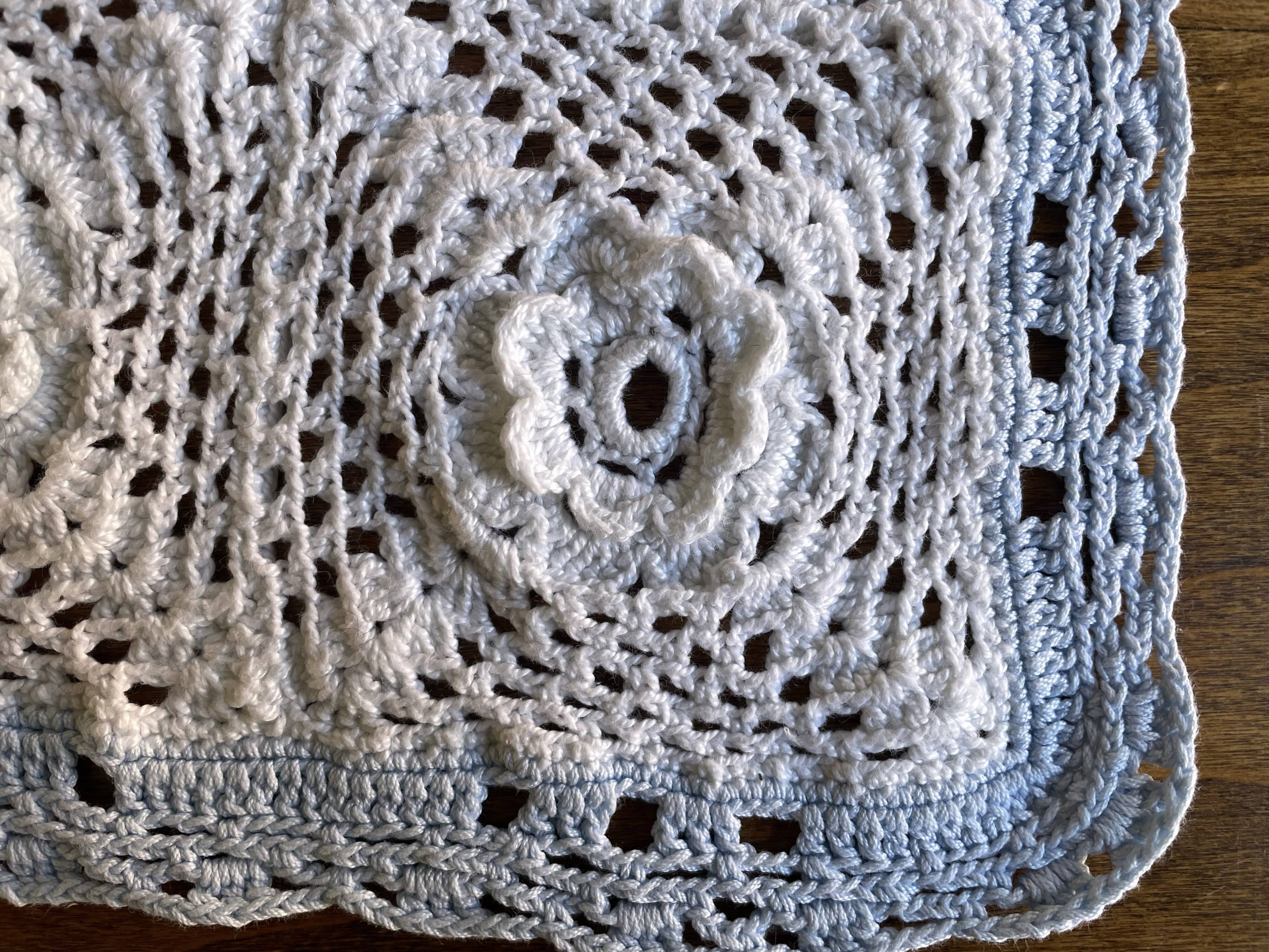 Set of 2 vintage crochet placemats - white, pink and blue