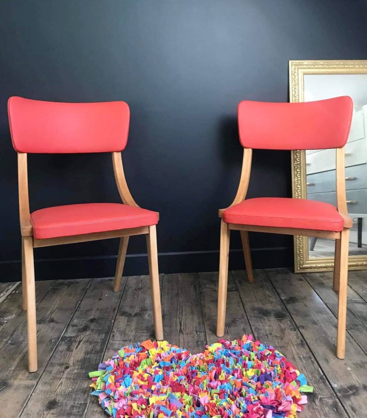 Pair of vintage solid wood and leatherette chairs from the 60s