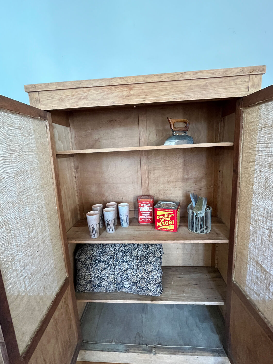 Raw wood cabinet & burlap