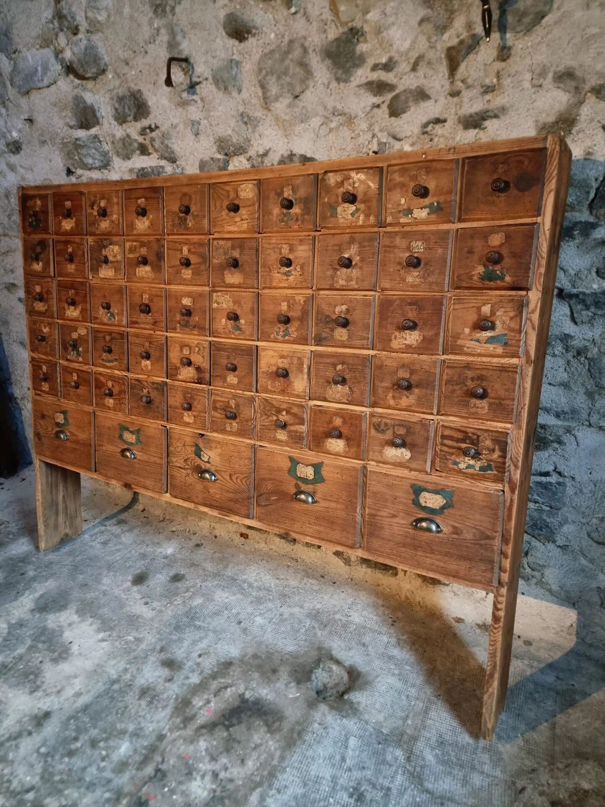 Antique pine drawer cabinet with 50 drawers, apothecary or hardware, 19th century