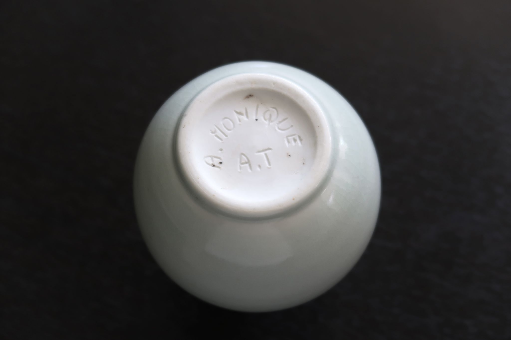 Celadon porcelain vase signed A. Monique A.T., 1970s