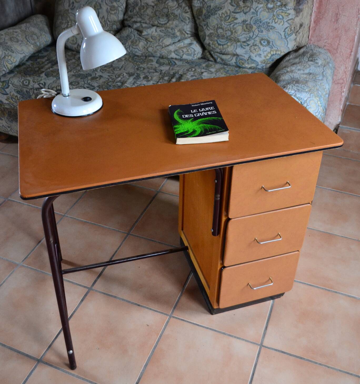 Beech desk with orange faux leather, 3 drawers, 1960s-70s.