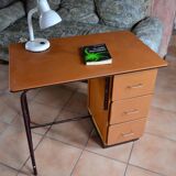 Beech and orange leatherette desk with 3 drawers, 60s/70s