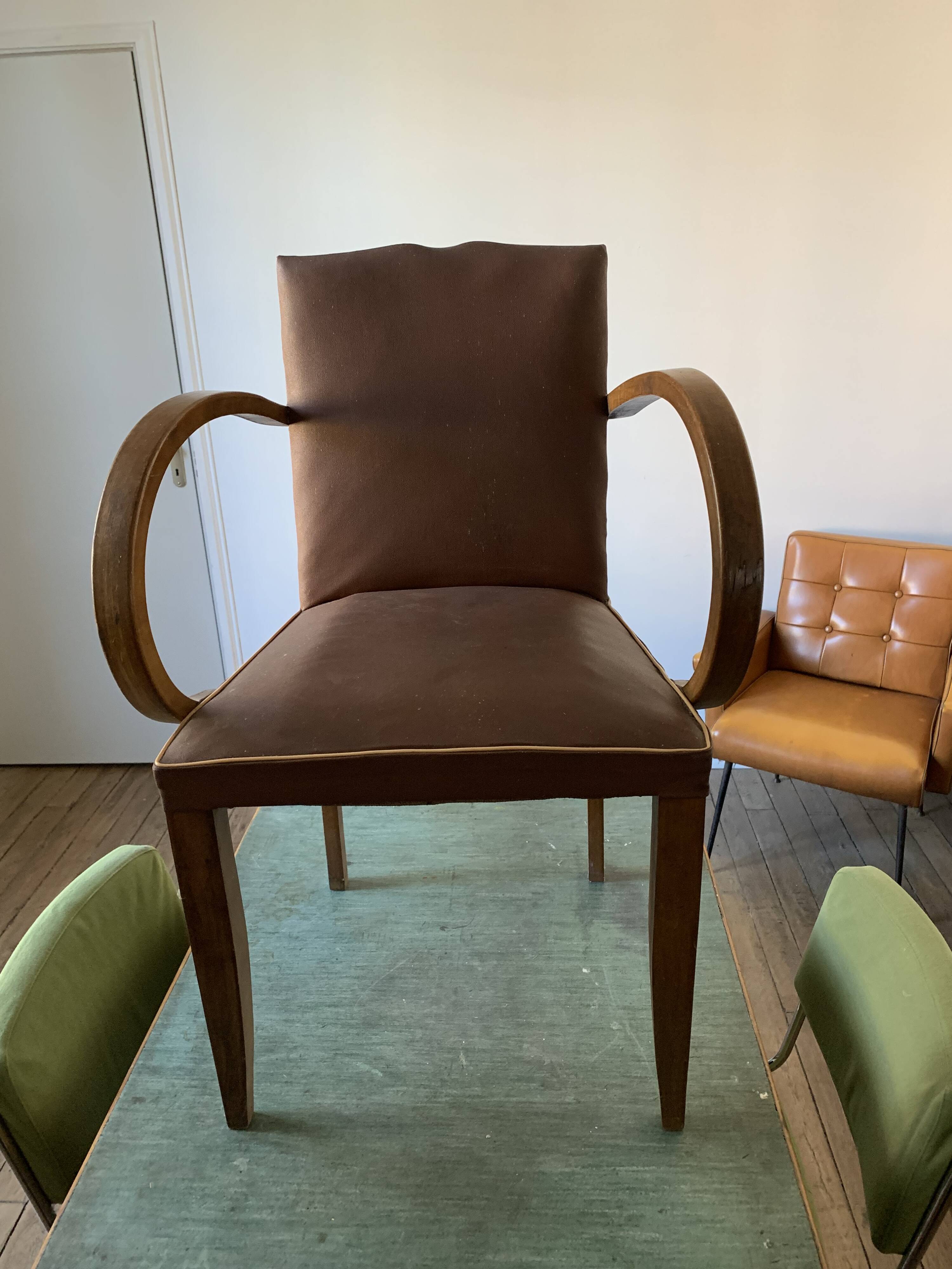 Fauteuil bridge à dossier "moustache" - Art déco -En simili cuir chocolat