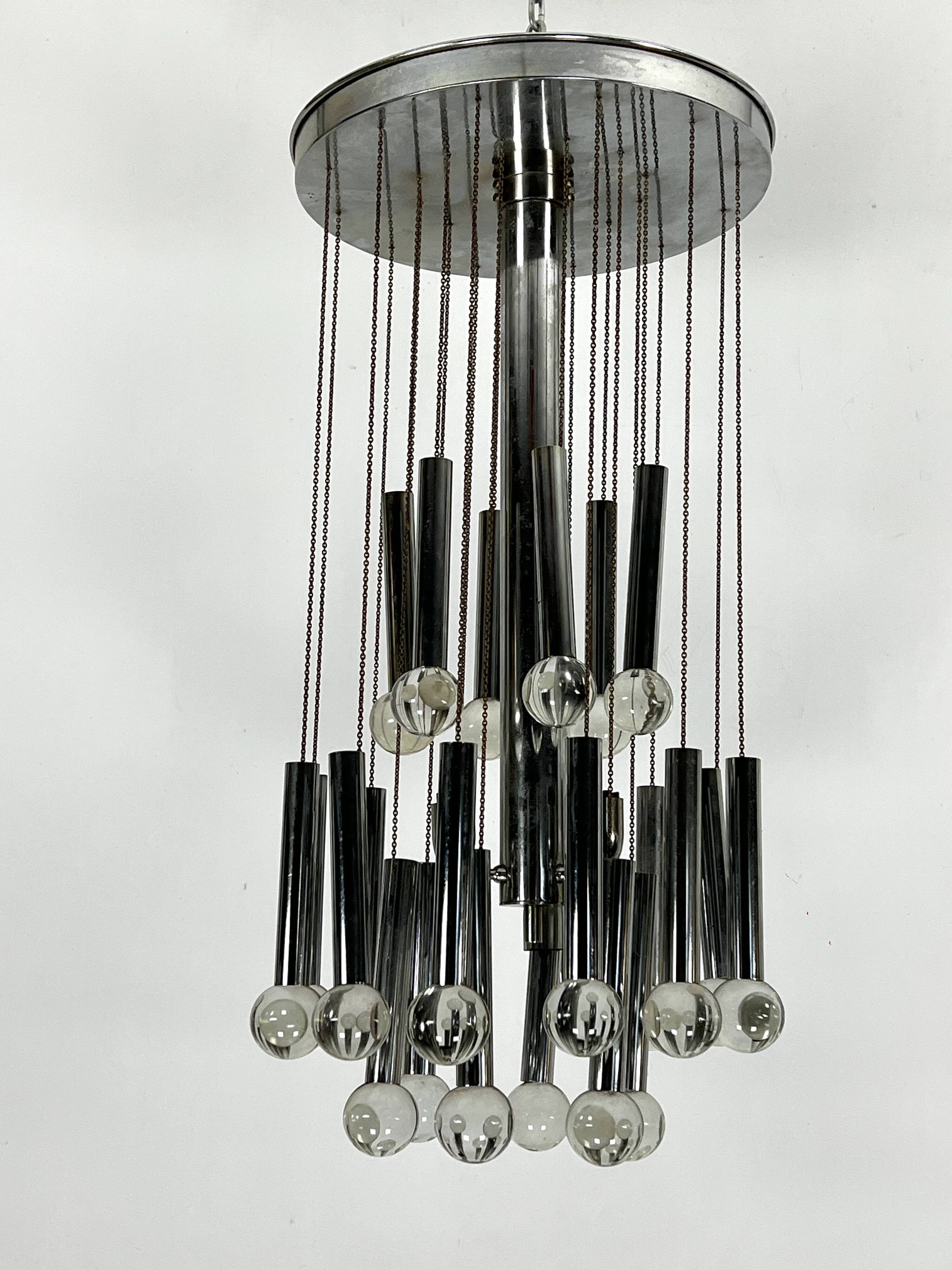 Sciolari, iconic glass sphere and chrome chandelier. Italy 1960s