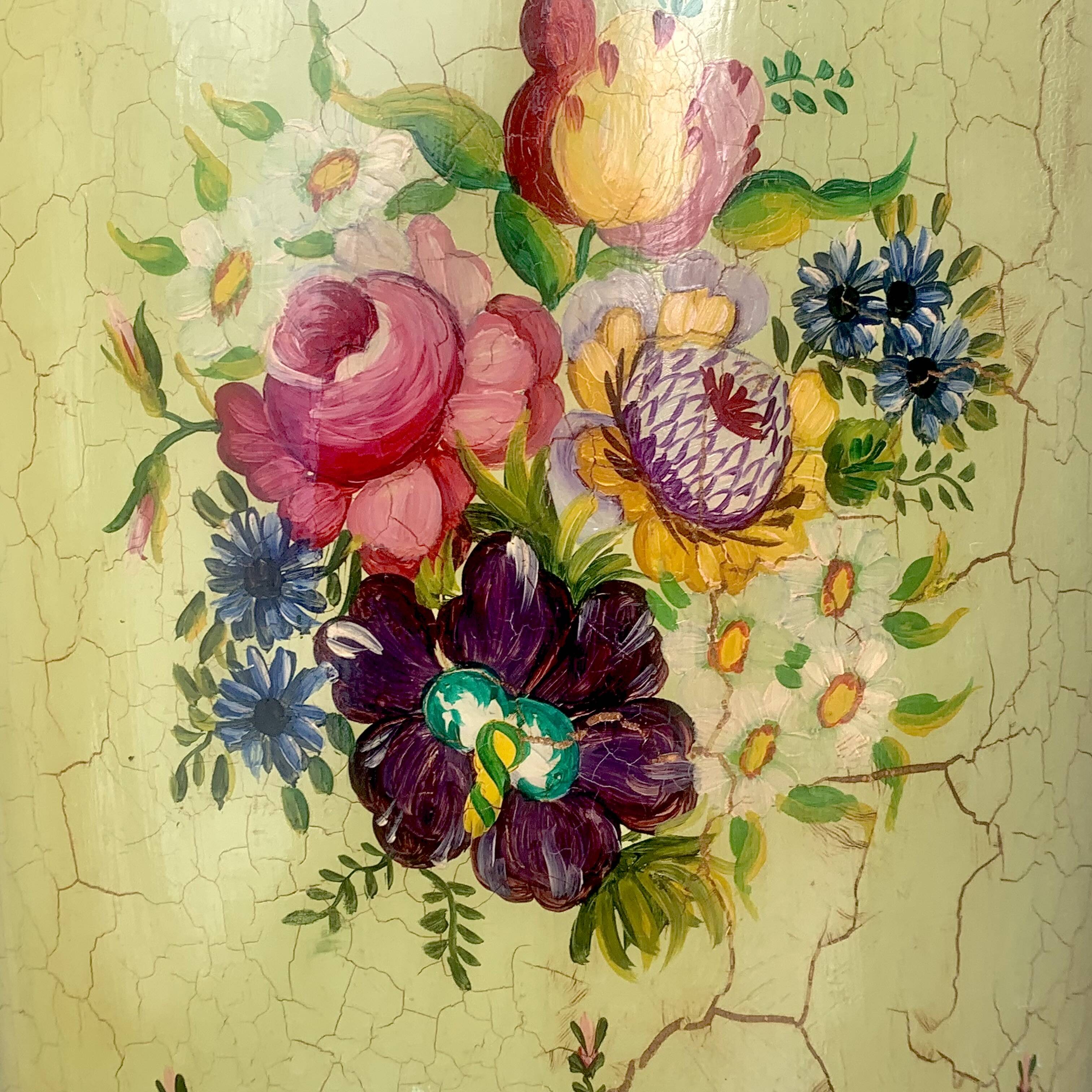 Vintage enameled sheet metal wastebasket - floral decor