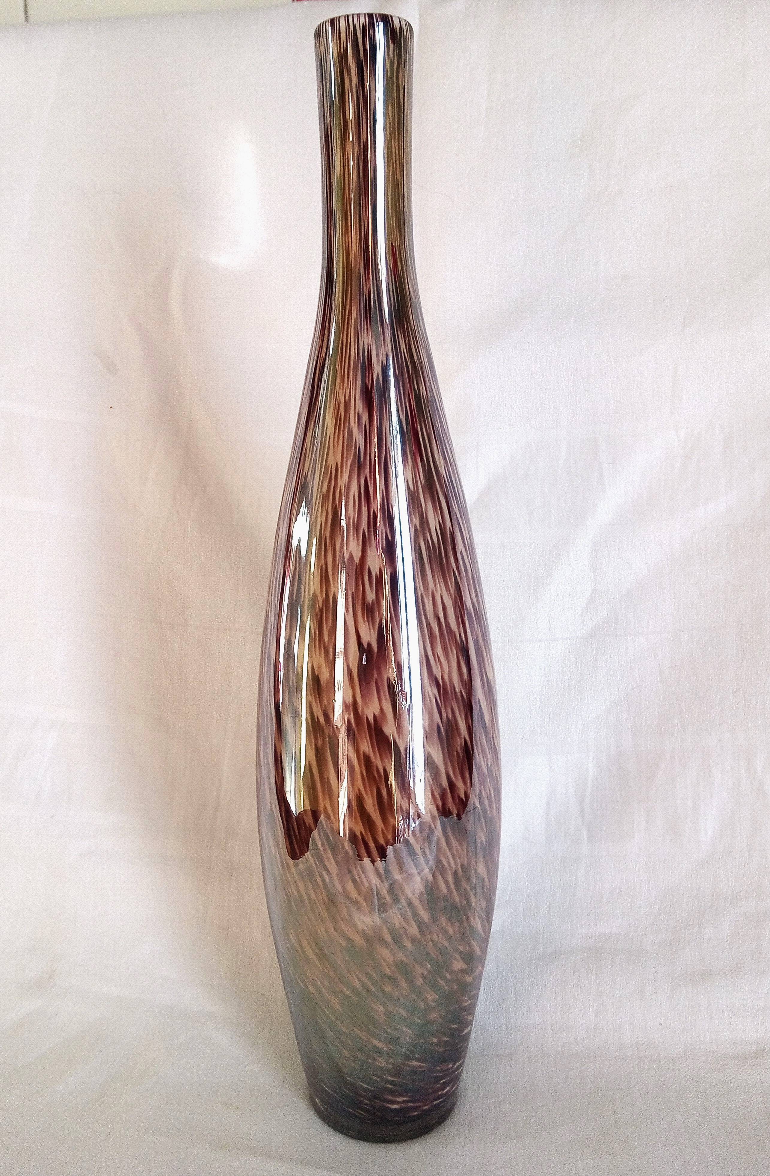 Murano glass bottle vase, brown and beige rain patterns, h - 41 cm.