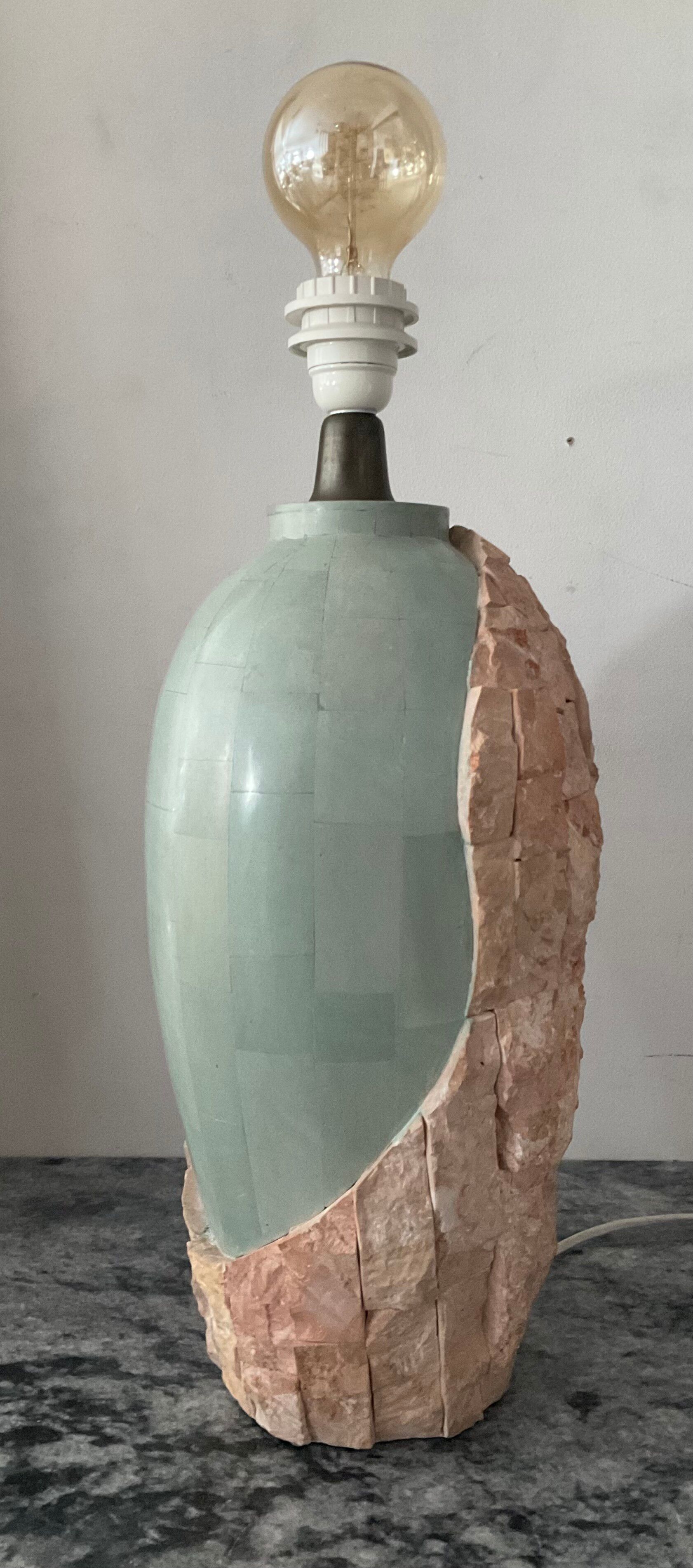 Vintage lamp base in Mactan stone and green marble.