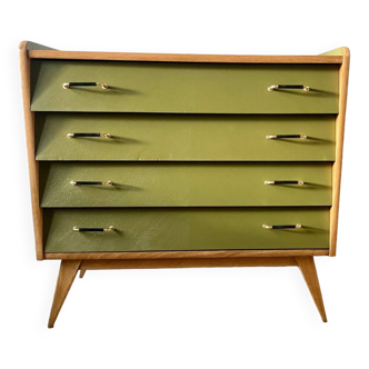 Commode vintage pieds compas relooké vert et bois