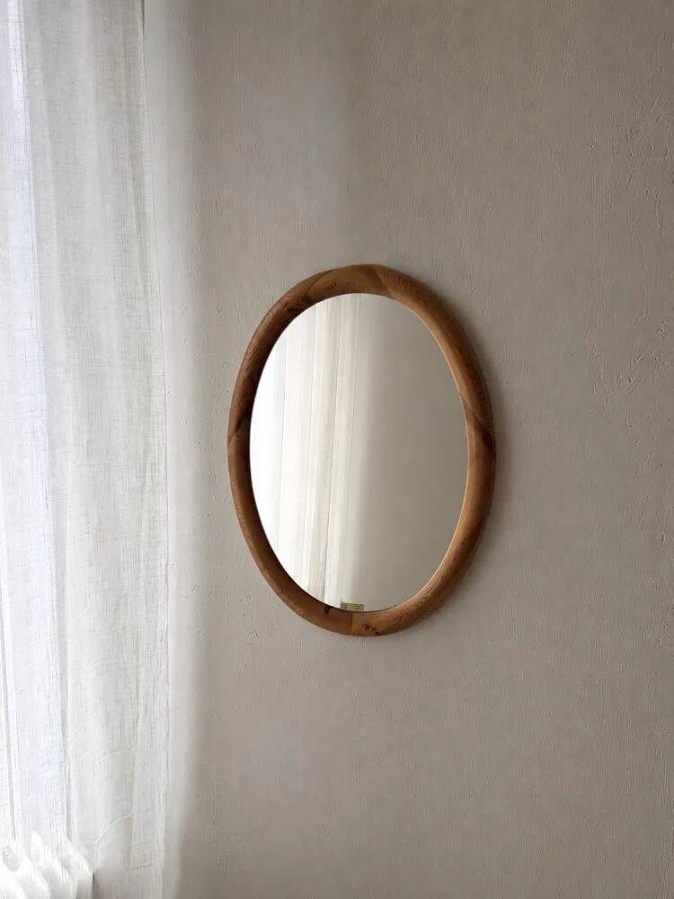 Oval pine mirror Glasmaster Markaryd Sweden 1970s