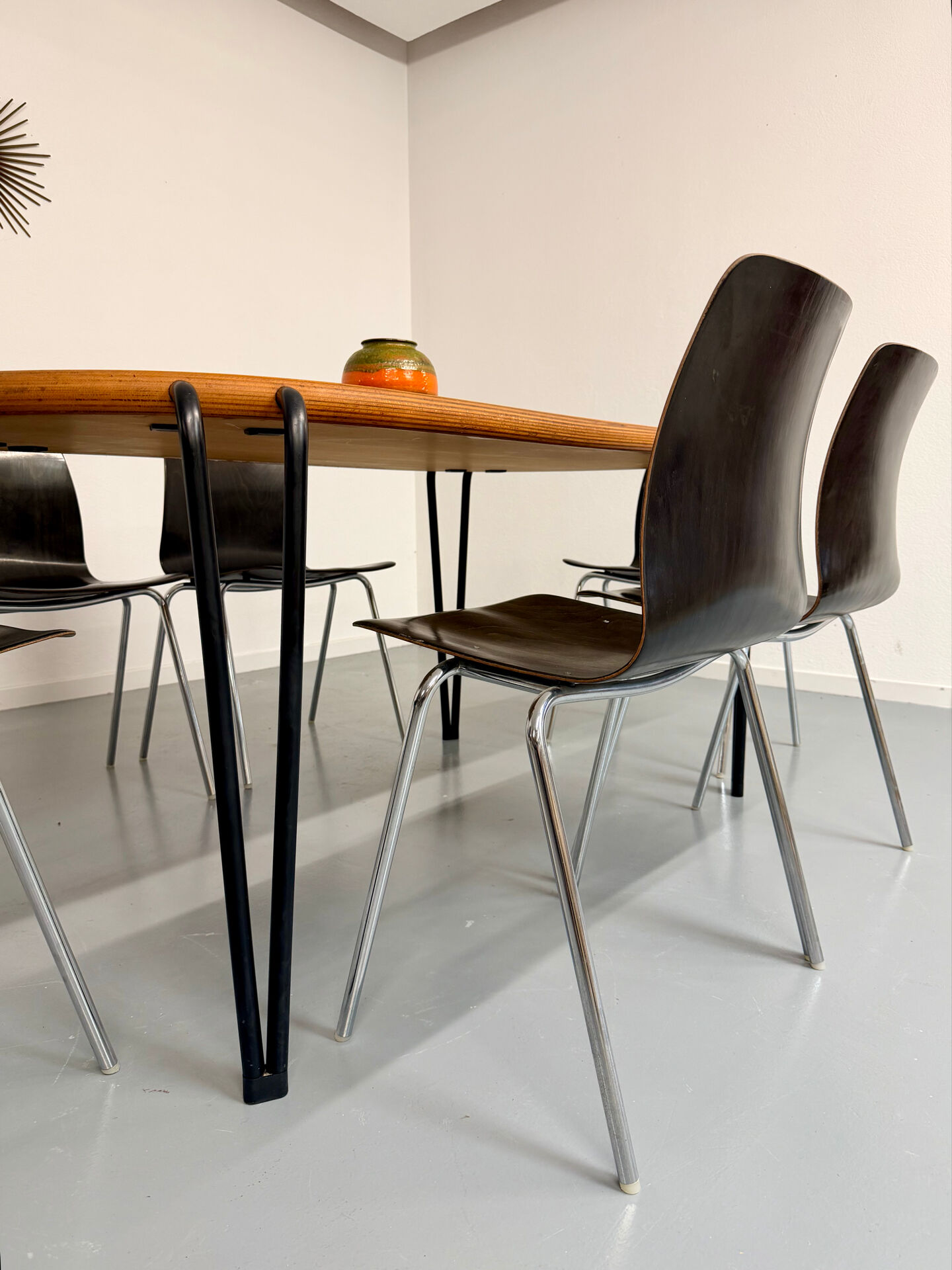 Set of 12 wooden and chrome chairs, Pagholz design from the 80s, vintage Pagwood.