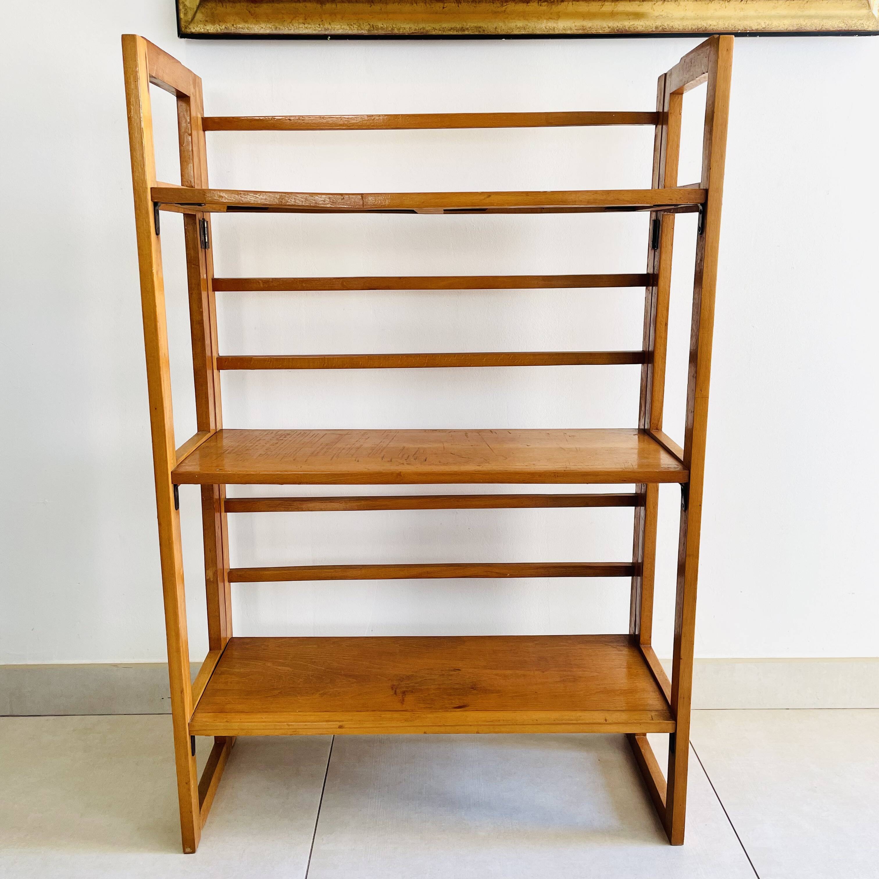 Folding bookcase in varnished wood, Scandinavian vintage style from the 1970s