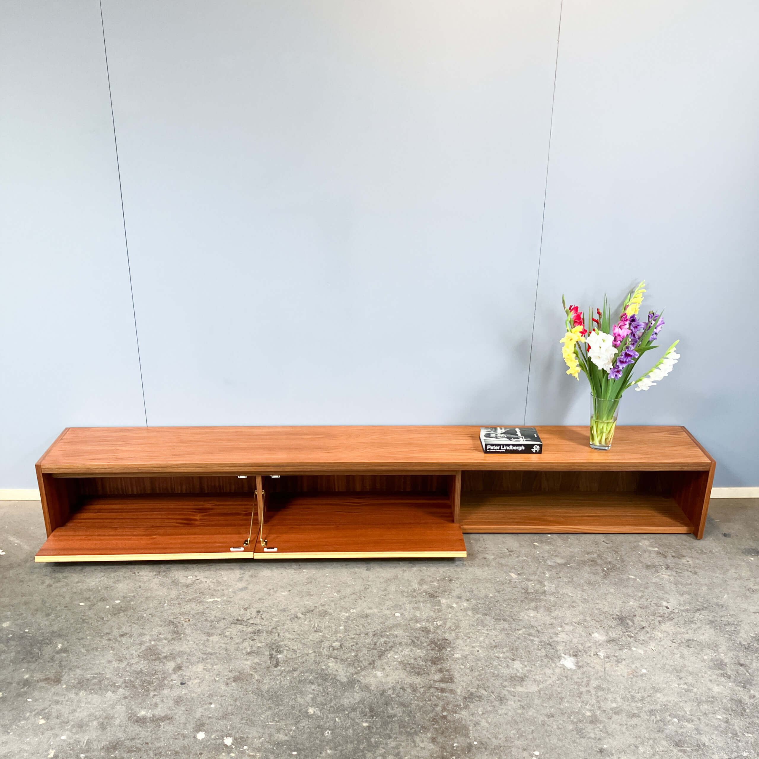 Minimalist XL lowboard, walnut and zebrano, 1960s
