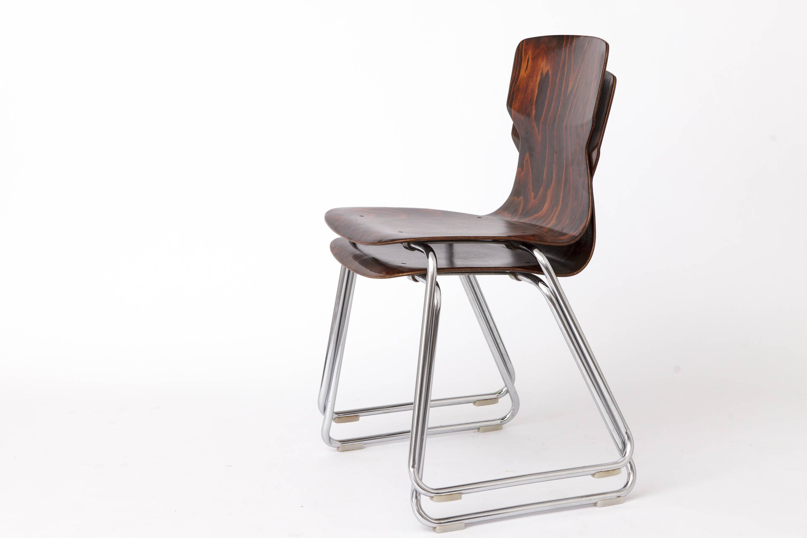 2 of 8 Vintage Casala Stackable Chairs, Germany 1970s, Plywood & Chrome