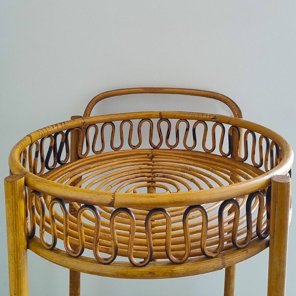 1960s Bamboo & Rattan Serving Bar Cart Trolley by Franco Albini. Made in Italy