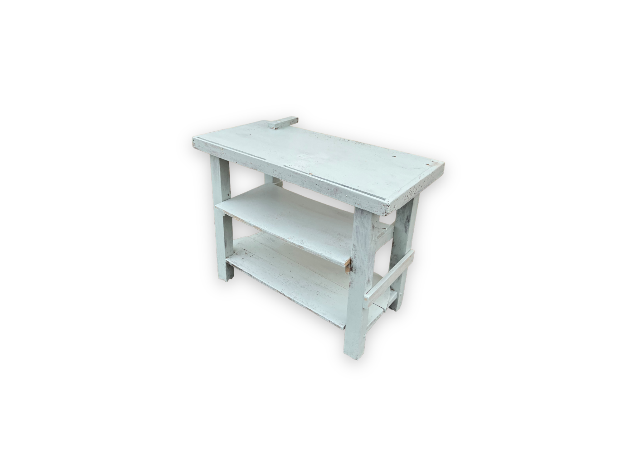 Light blue painted wooden workbench