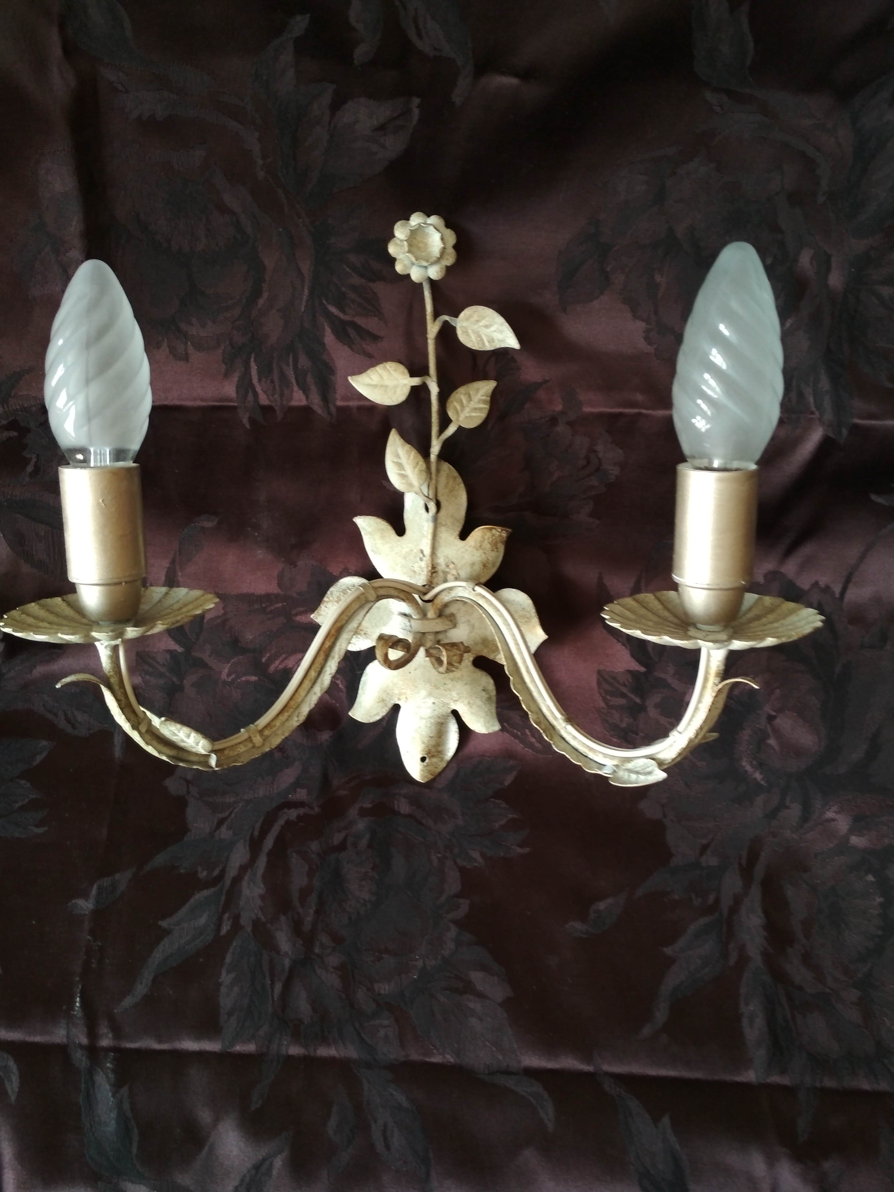 White glazed metal wall light with leaf and flower decor, 2 lights