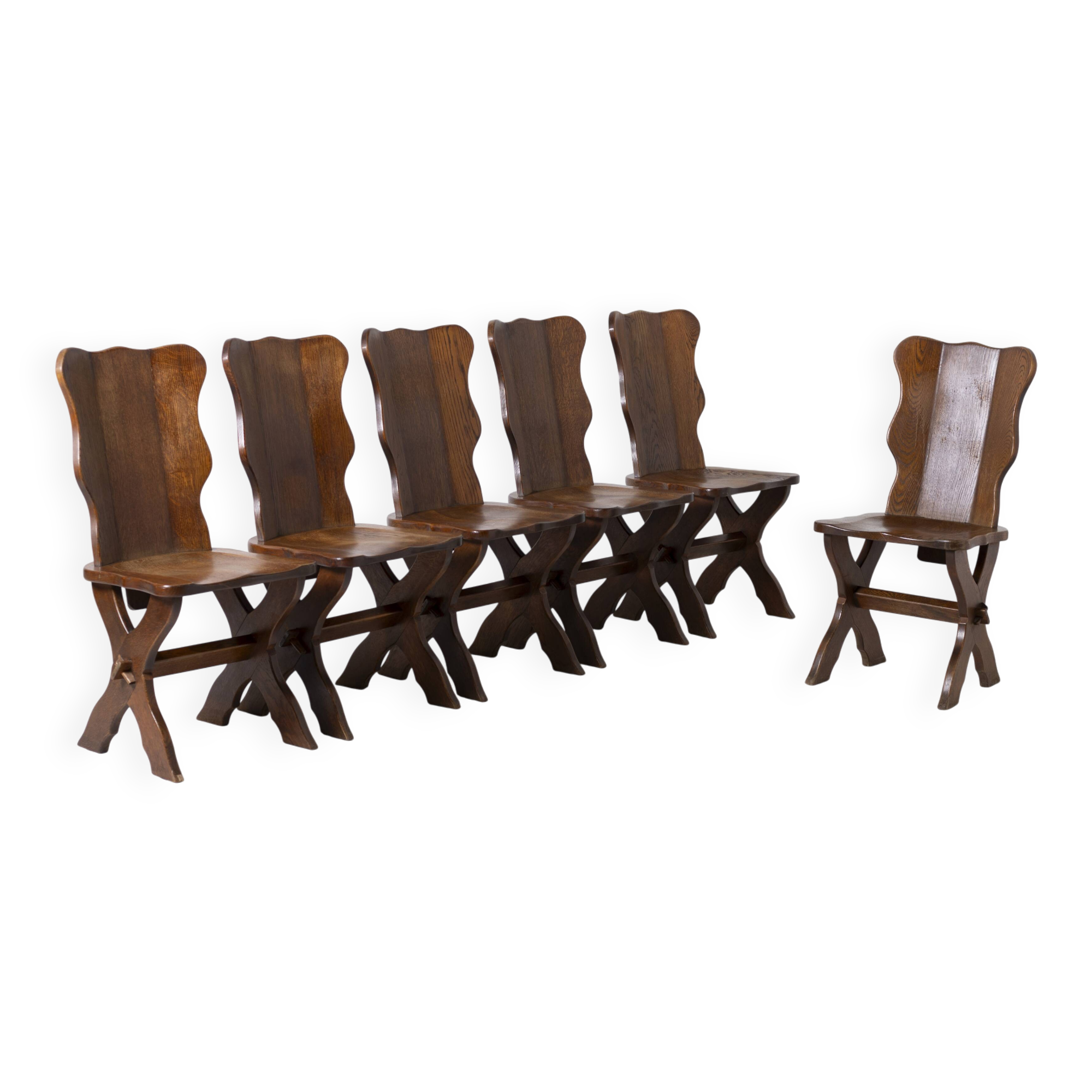 Set of 6 Dutch brutalist dining chairs in stained oak, 1970s