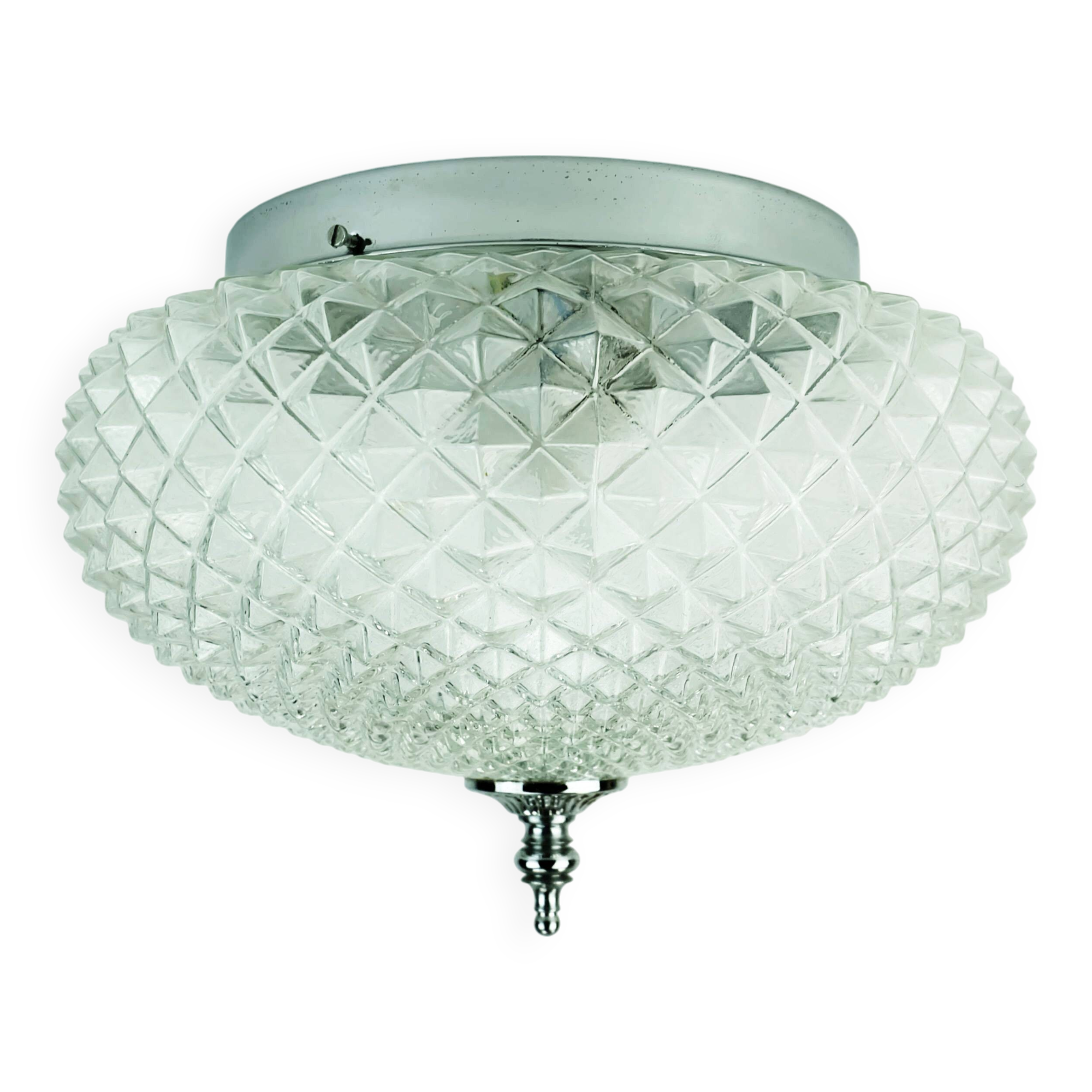 Vintage glass ceiling lamp textured glass and chrome 1970s