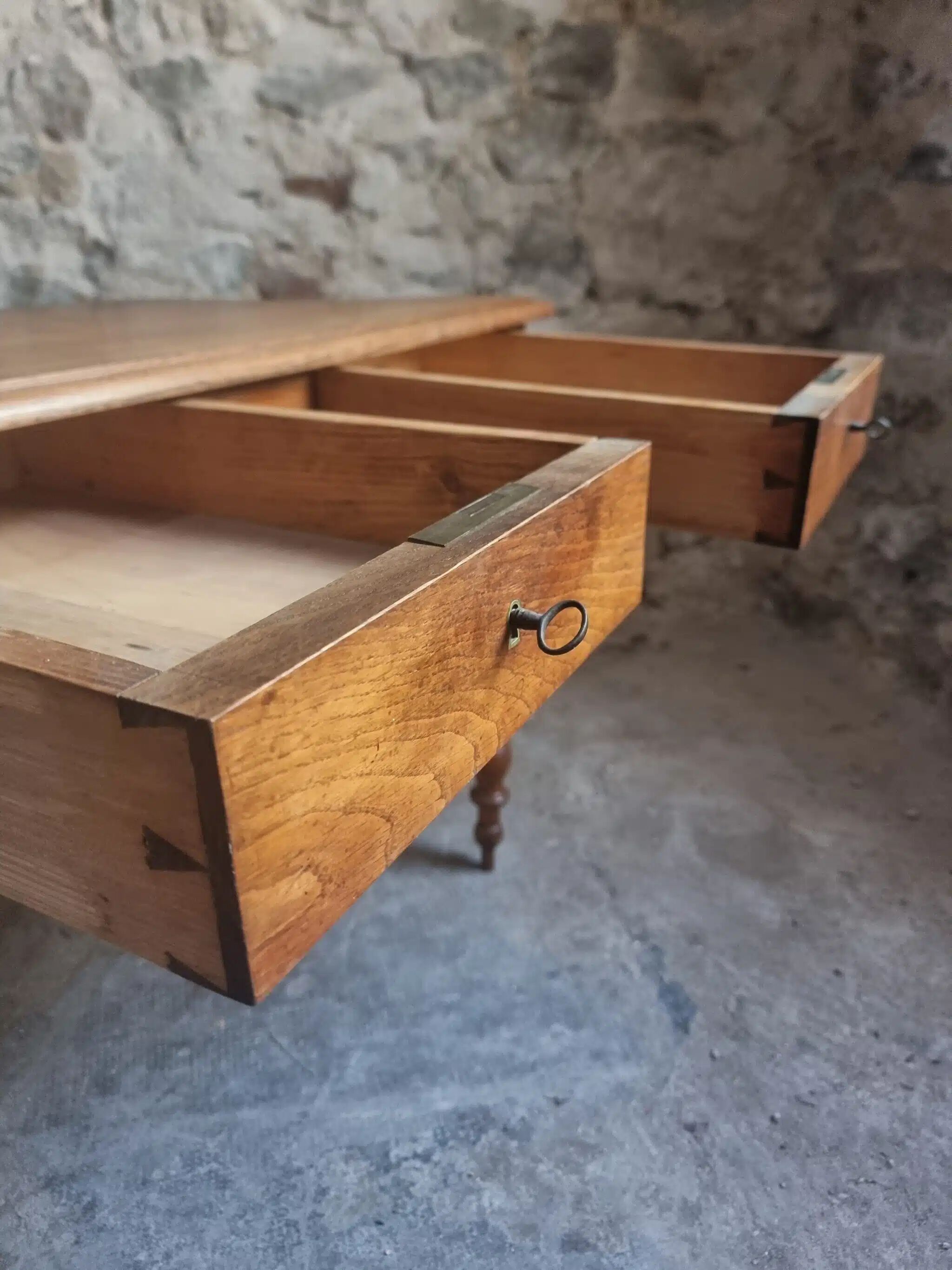 Antique French oak writing desk with 2 lockable drawers, circa 1920.