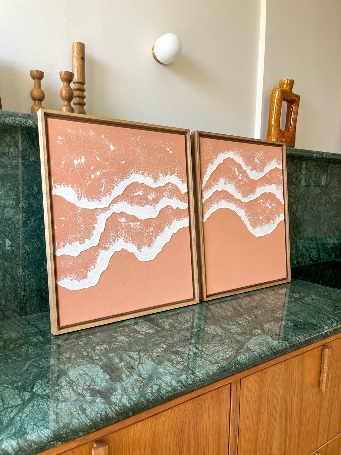 Relief paintings of white coral waves