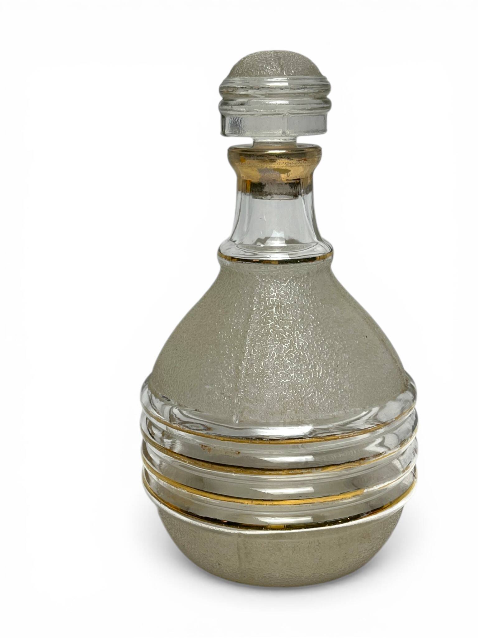 Art Deco, frosted glass liqueur bottle with gold trim circa 1940.