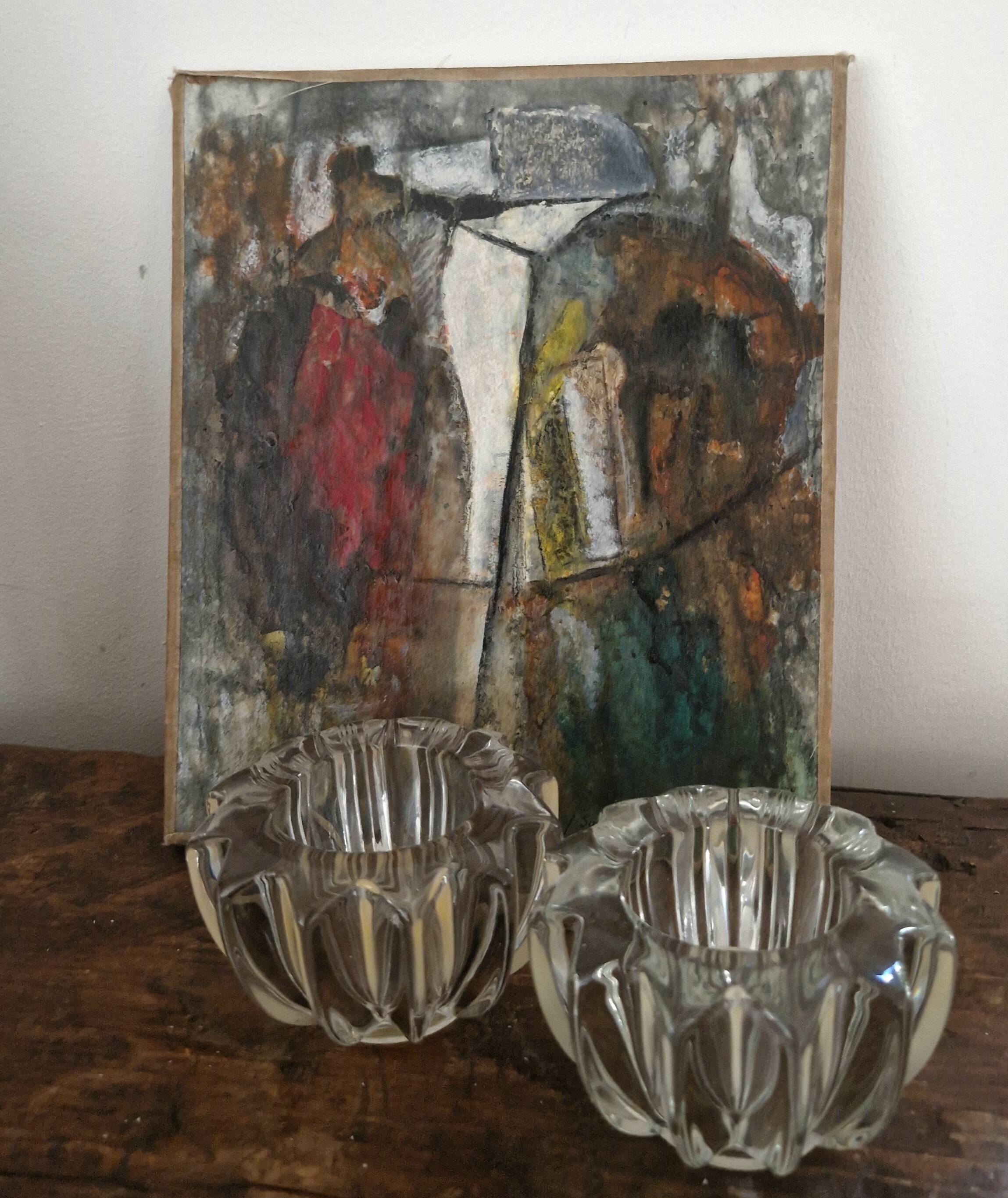 Pair of Art Deco candlesticks in pressed glass moulded signed by AVESN