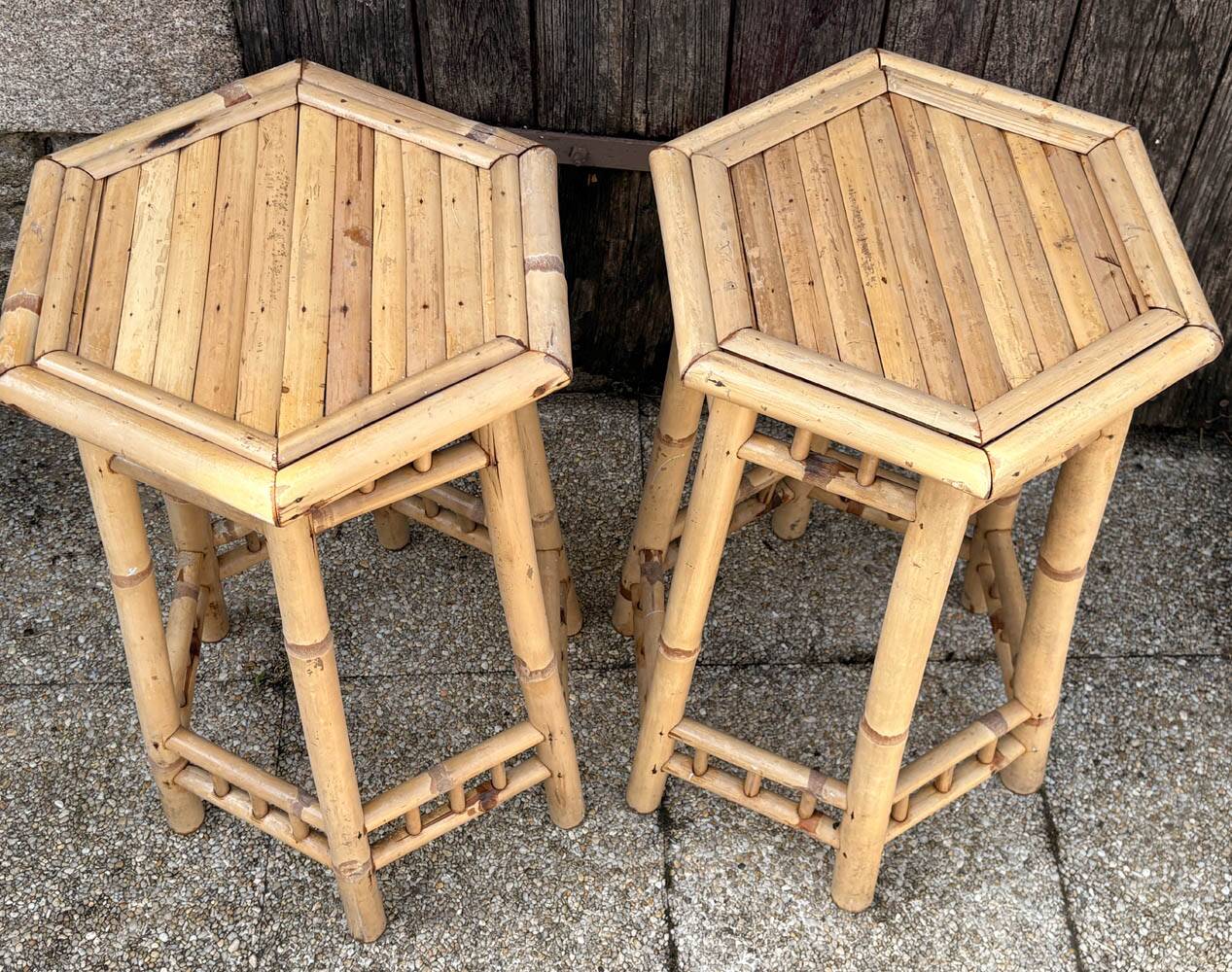 Two high bamboo stools – hexagonal top, vintage, 1970s