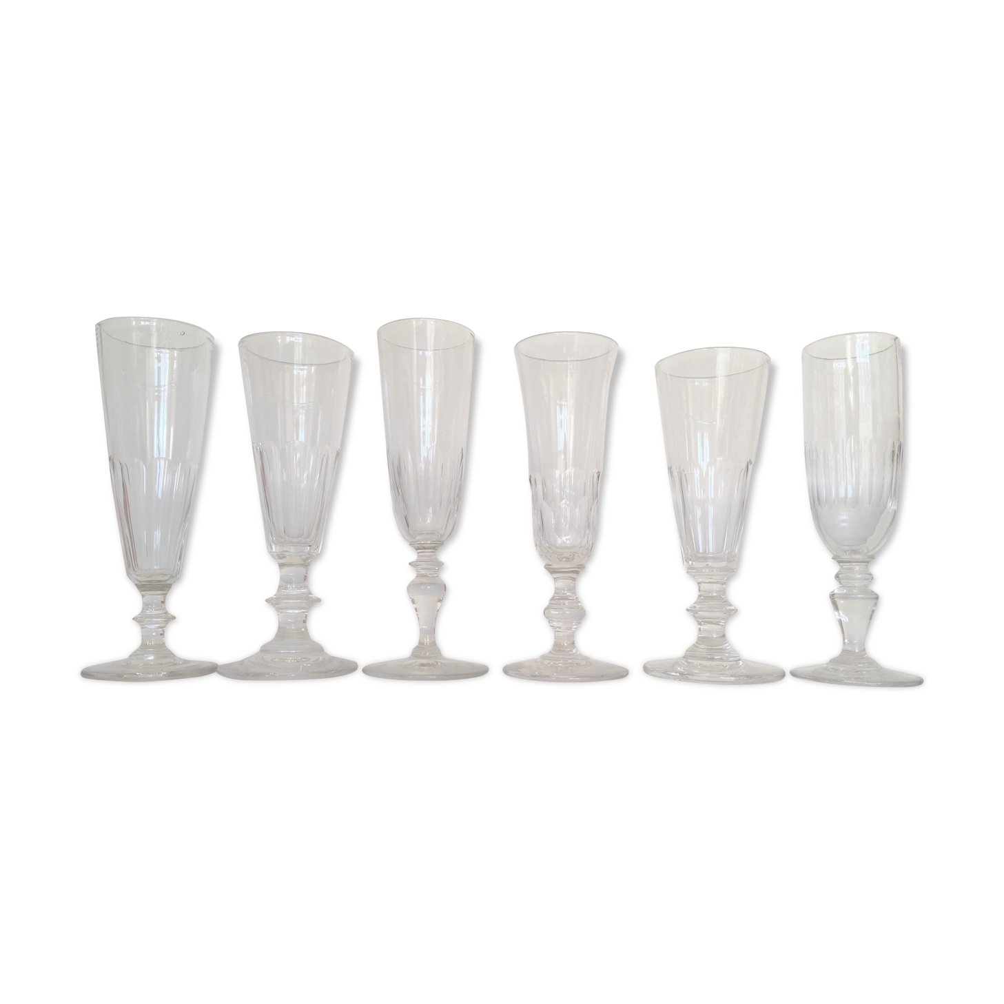 Set of 6 assorted champagne flutes late 19th century cut with cut-offs
