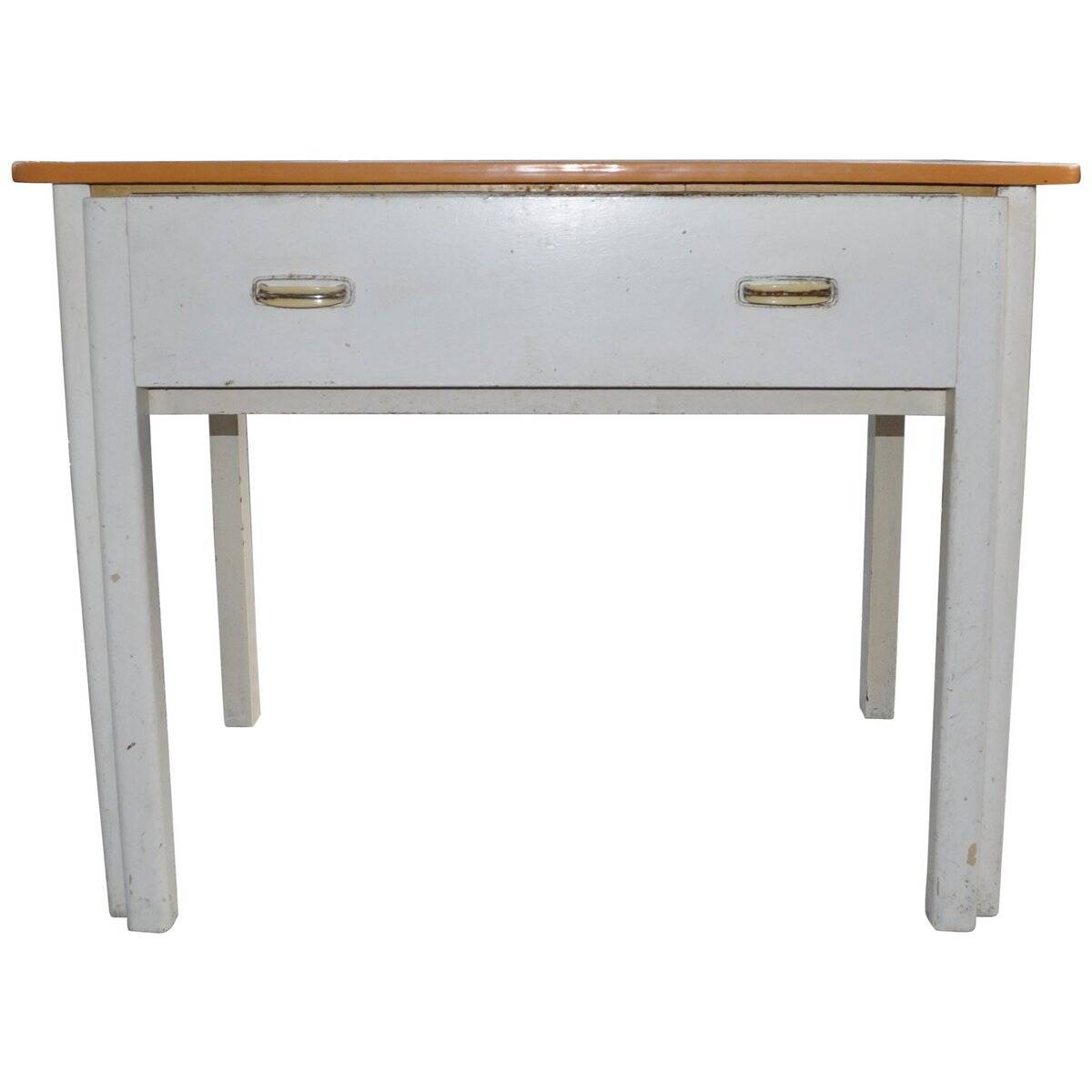 Vintage rustic wooden table painted brown and white with 2 basins, 1940s.