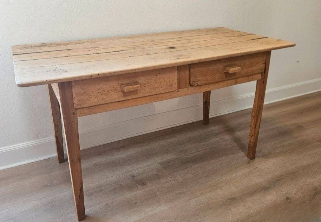 Old farmhouse/office table in patinated solid wood - 2 drawers
