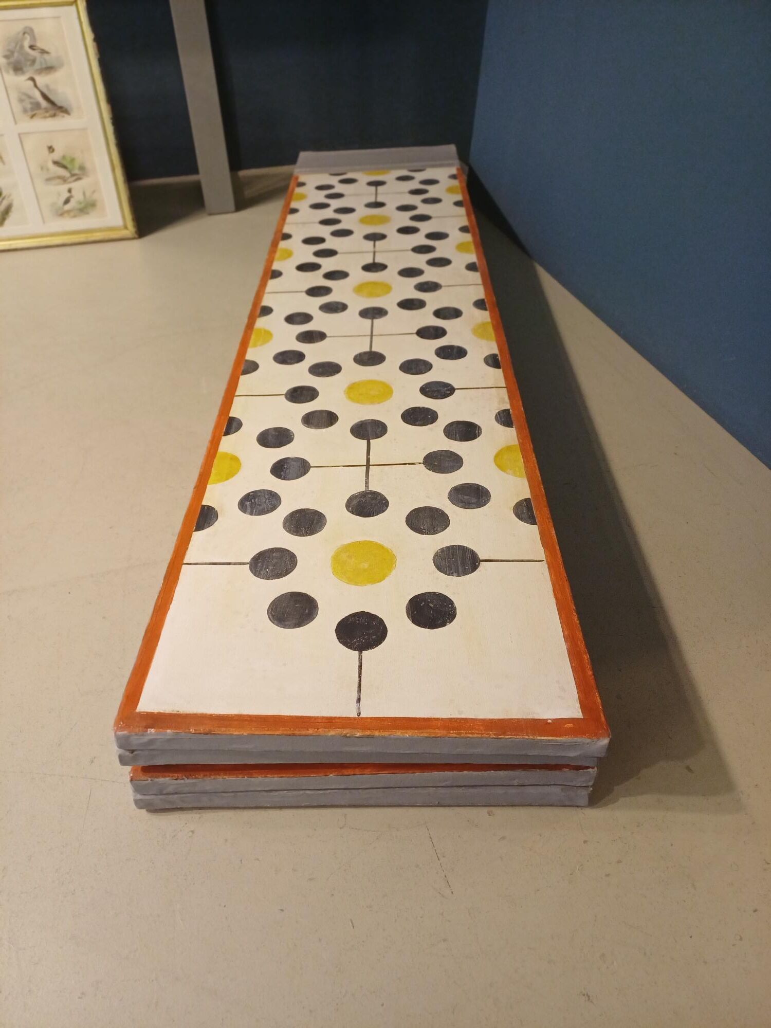Old screen, reupholstered in linen with recent decorative paint.