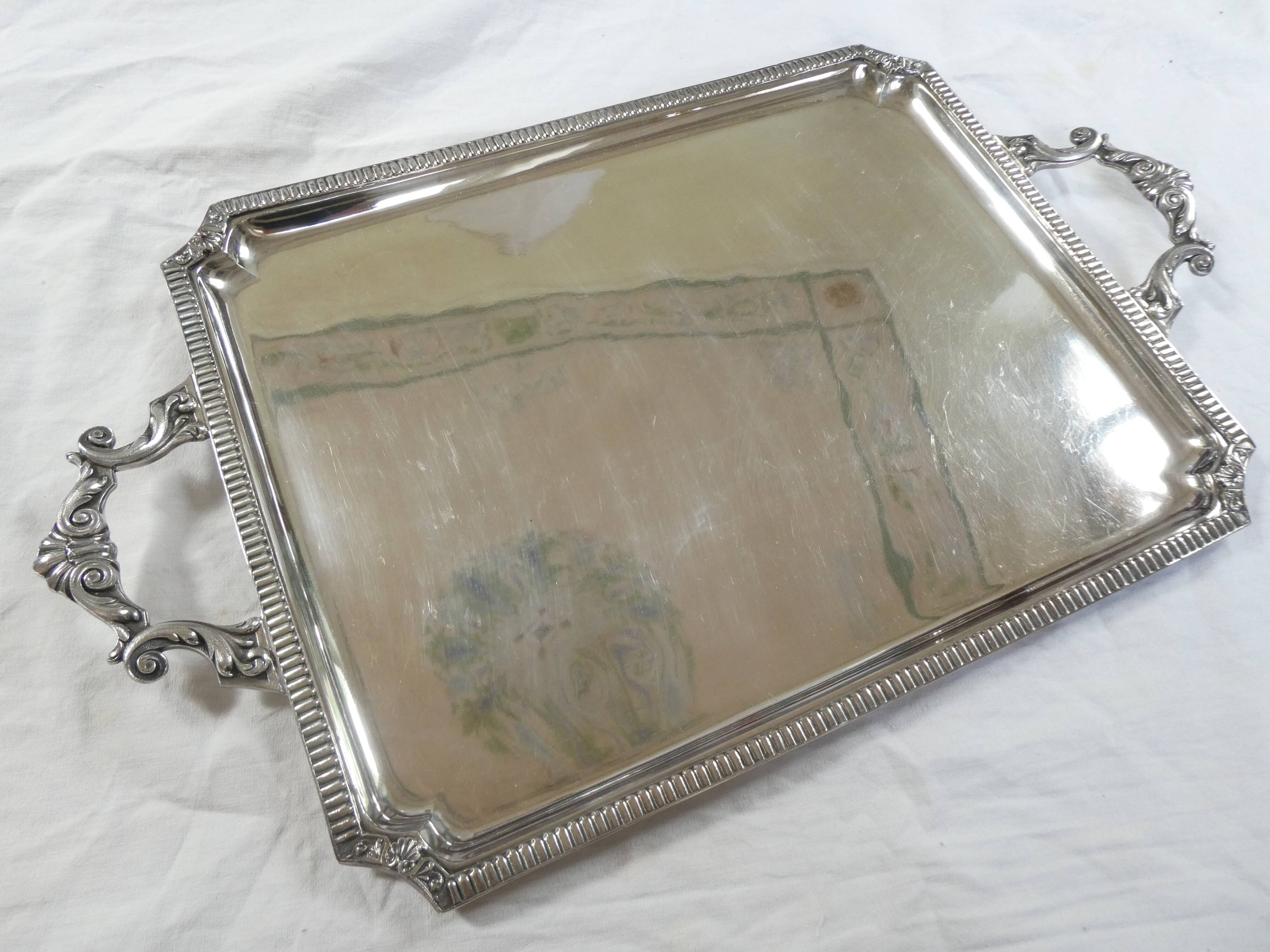 Large rectangular silver metal tray with handles Maison Wiskemann
