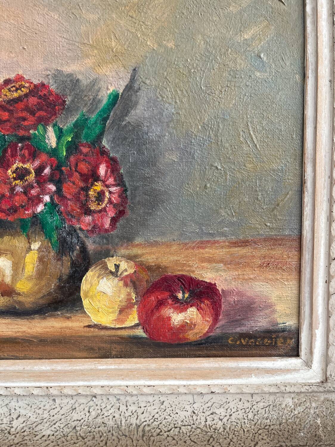 Antique oil painting on canvas with flowers and apples