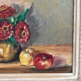 Old oil painting on canvas flowers apples