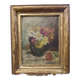 Oil on cardboard signed "Still life with bouquet of flowers" gilded wooden frame